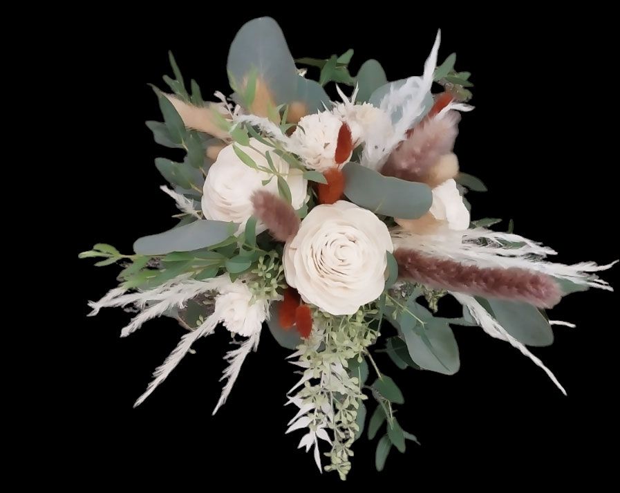 Dried flower bouquet with cream, brown, green, and white elements.