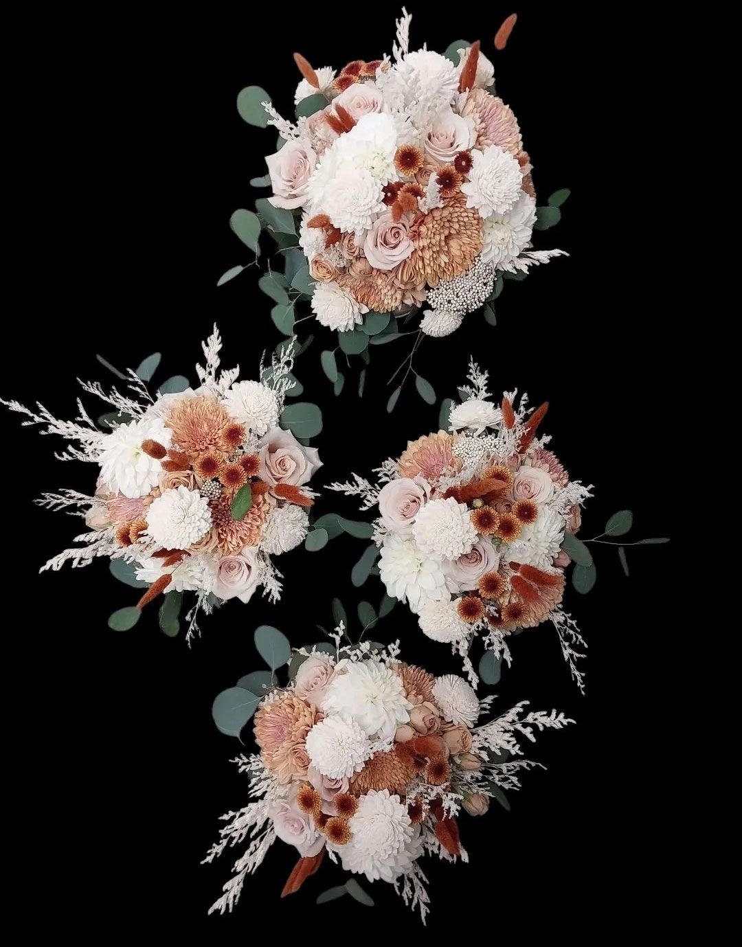 Four bridal bouquets with white, peach, and brown flowers, arranged against a black background.