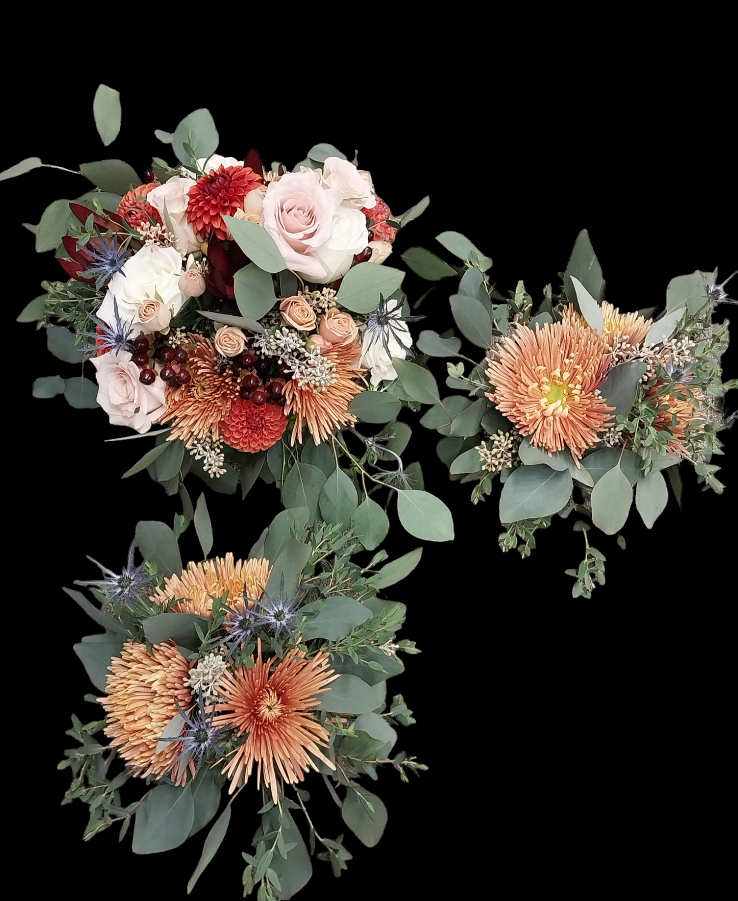 Three bouquets of flowers: orange, pink, and white blossoms with greenery on a black background.