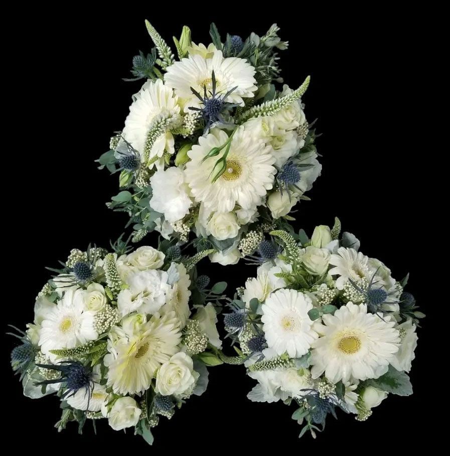 Three white bouquets with gerbera daisies and thistle on black background.