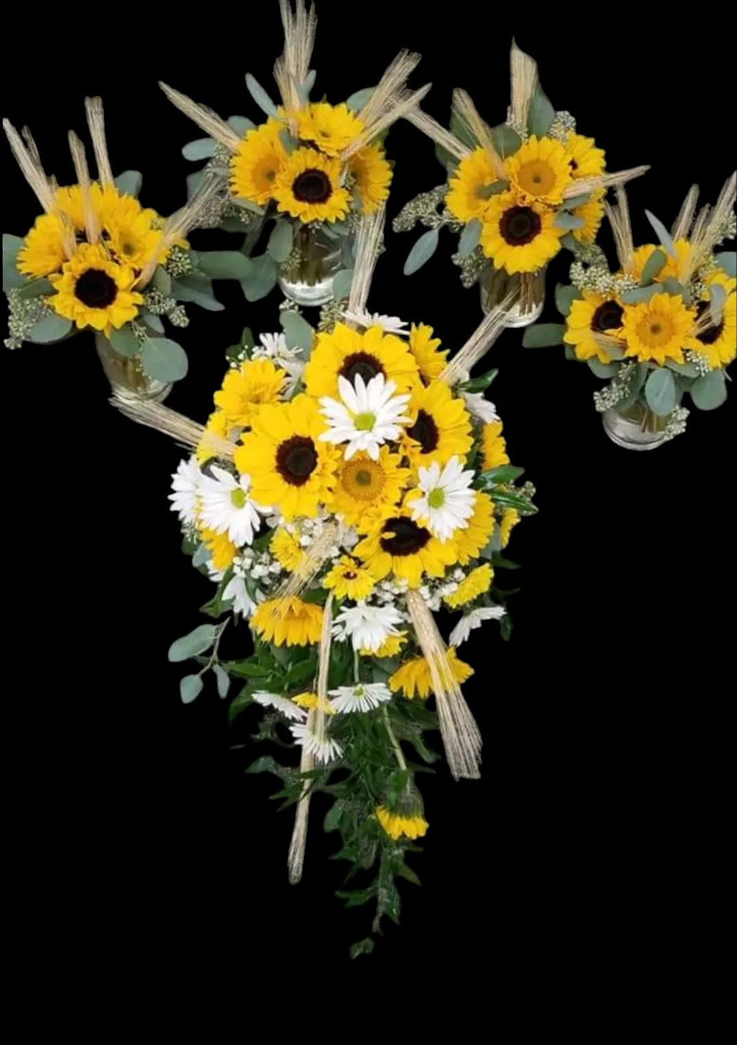 A bouquet of sunflowers and daisies with smaller arrangements on a black background.