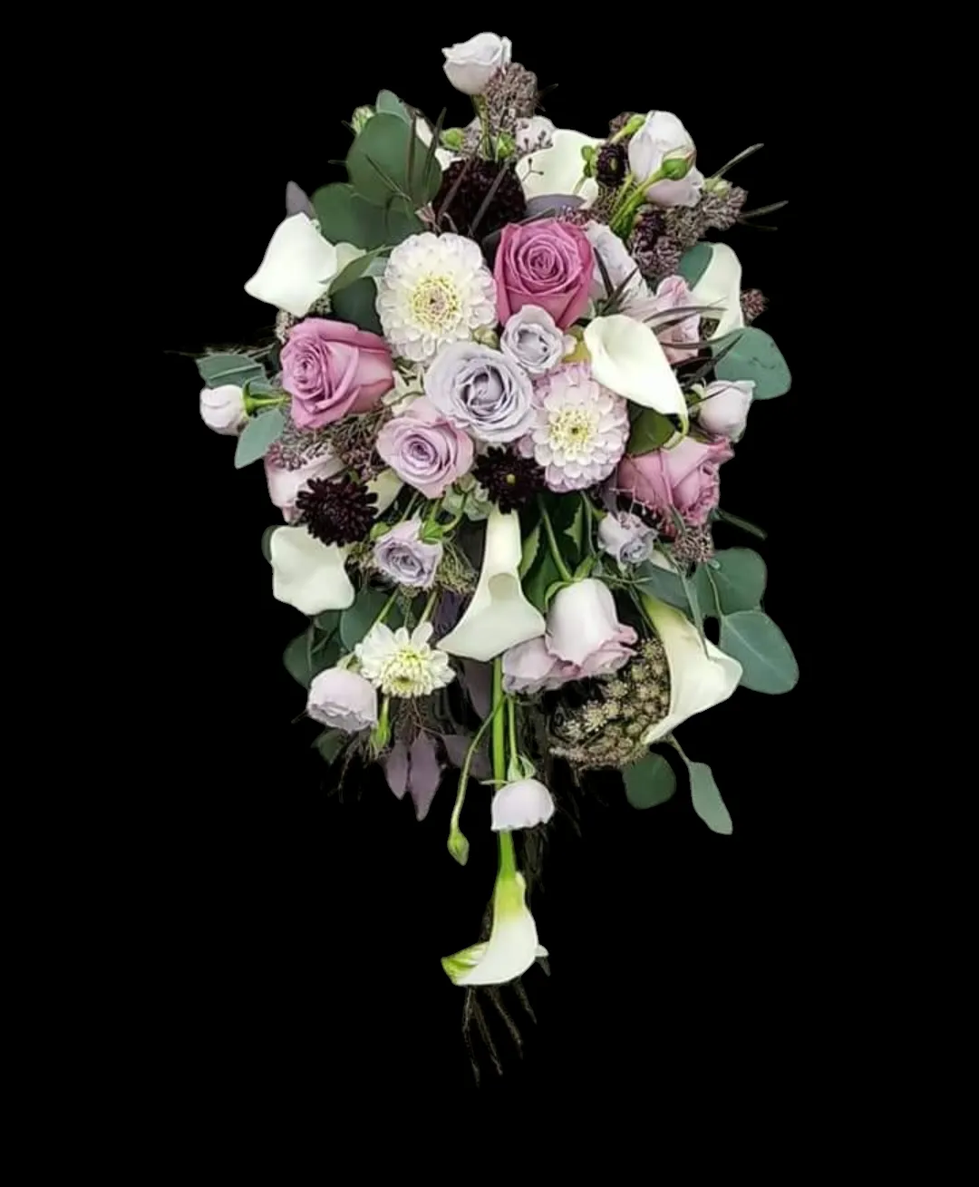 Cascading bouquet with white calla lilies, lavender roses, and greenery against black.