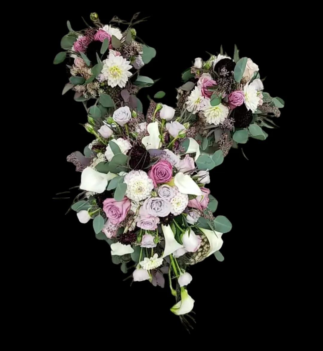 Three floral bouquets with white, purple, and dark burgundy blooms on a black background.