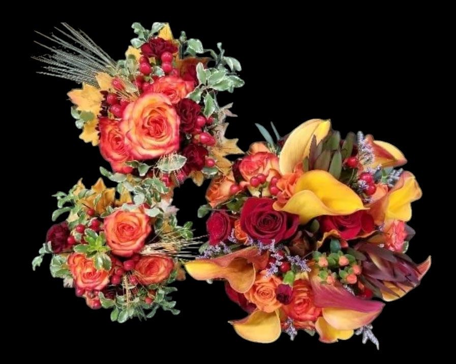 Three colorful fall bouquets with orange roses, red berries, and yellow calla lilies against a black background.