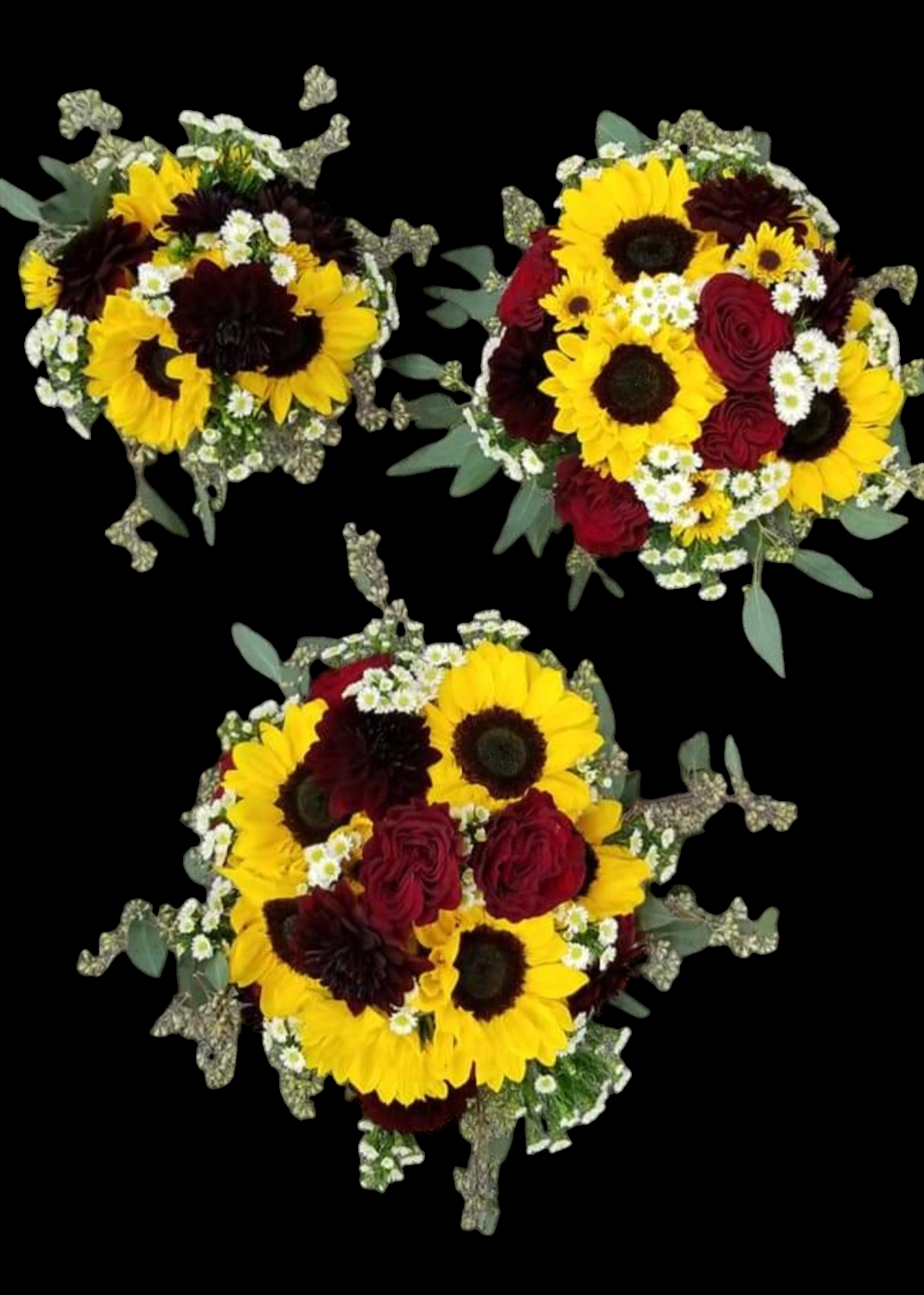 Three bouquets of sunflowers and burgundy roses on a black background.