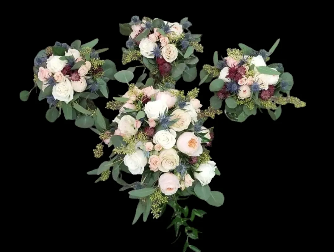 Four flower bouquets in various sizes: white, pink, and dark red blooms with greenery against a black background.