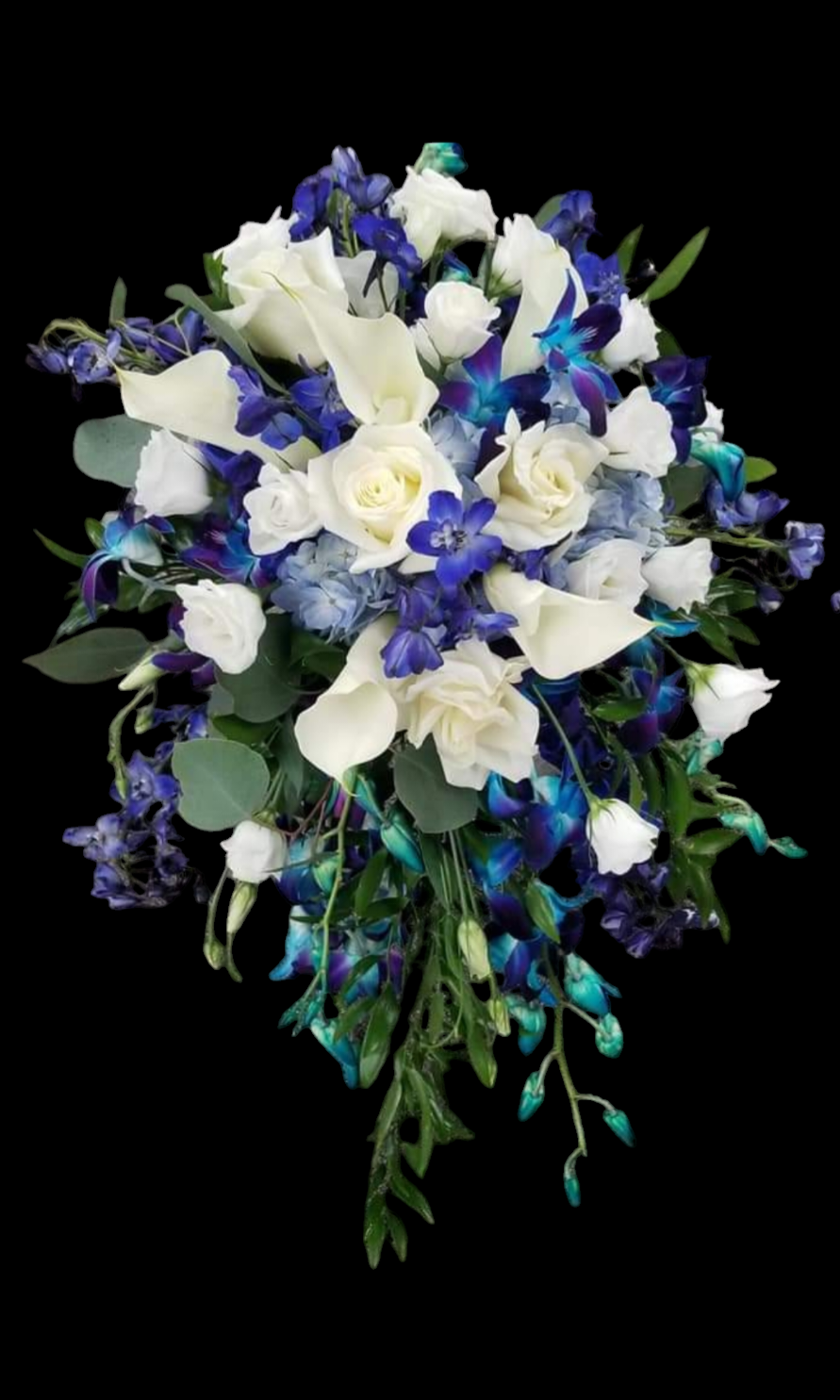 White and blue bridal bouquet against a black background. Includes roses, calla lilies, and cascading orchids.