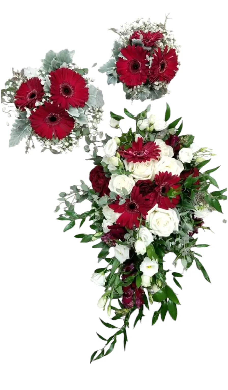 Three bouquets of flowers; red gerberas and white roses, with greenery.