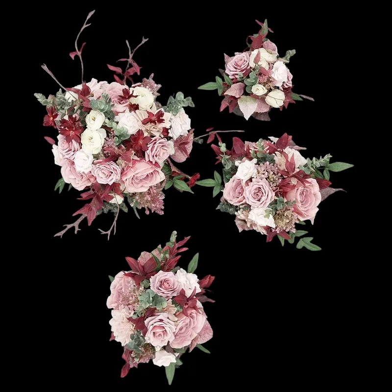 Arrangement of four bouquets with pink roses, white flowers, and red leaves against a black background.