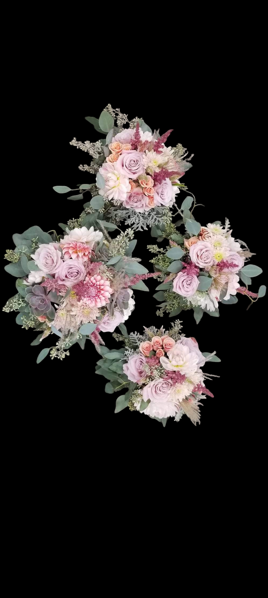 Four bouquets of pink and white flowers on a black background.