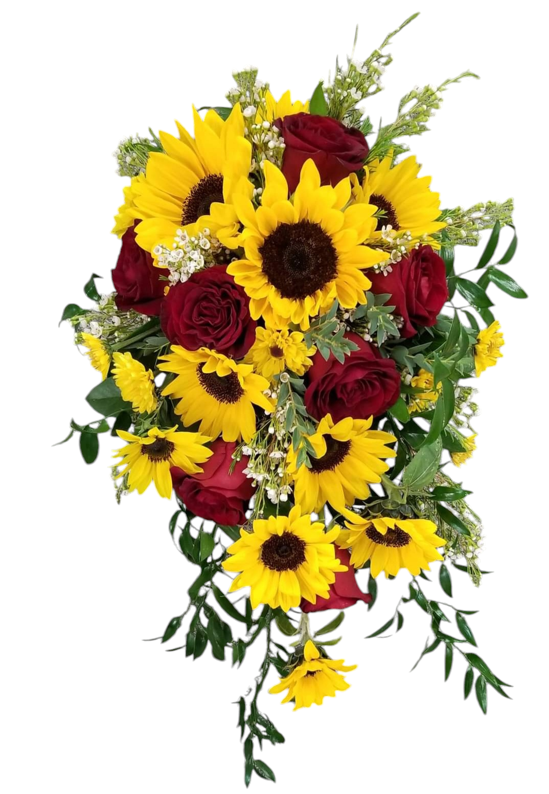 Yellow sunflowers and red roses in a cascading bouquet with green foliage.