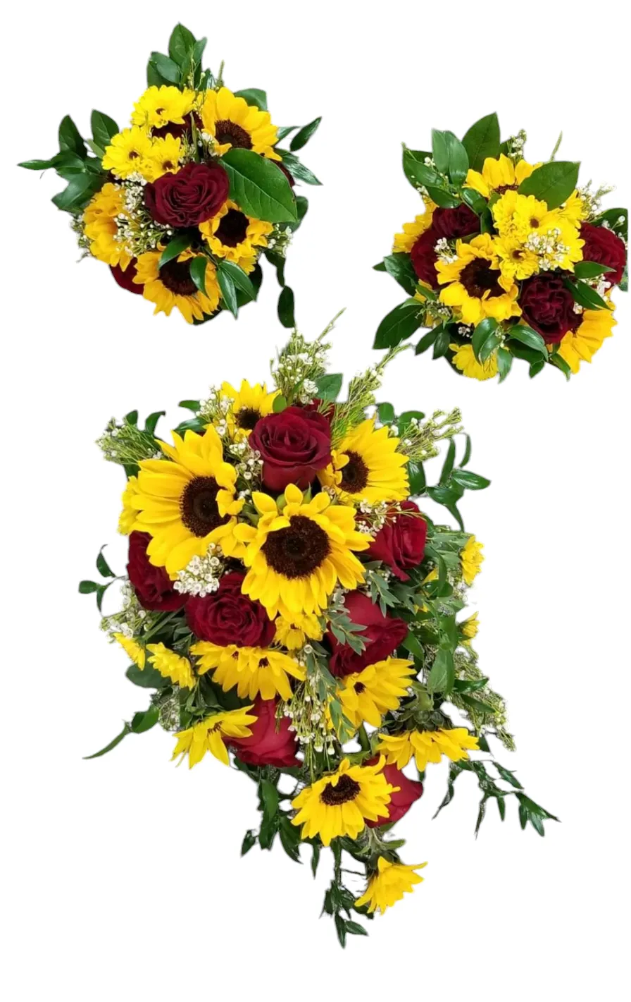 Three bouquets featuring yellow sunflowers and red roses, with greenery.