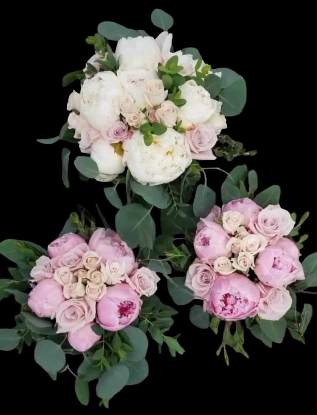 Three bouquets of flowers; pink and white peonies, roses, and eucalyptus on black background.