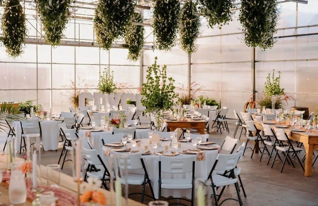 Wedding reception in a greenhouse, white tables with floral centerpieces, hanging greenery, sunlight.