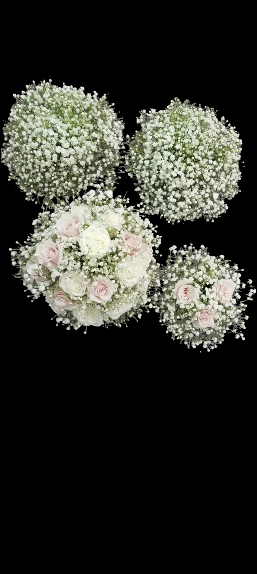 Four flower bouquets: two with white flowers, two with pink and white roses, all on black background.
