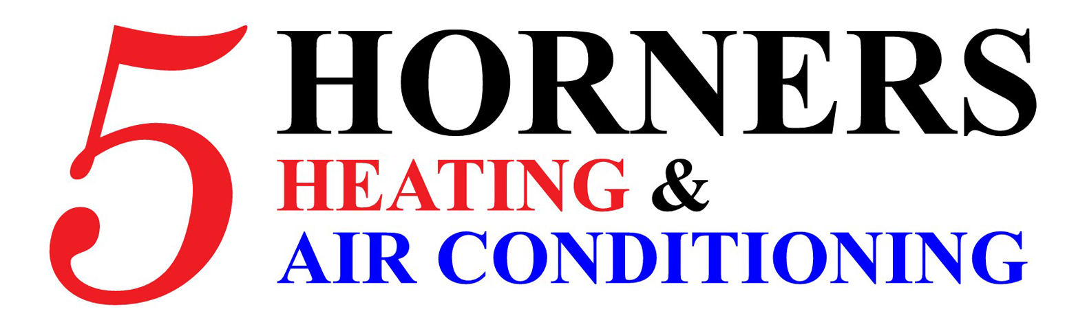 Logo for 5 Horners Heating & Air Conditioning; red "5," black "Horners," and red "Heating &", and blue "Air Conditioning."