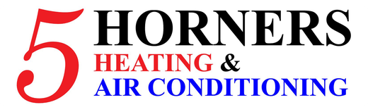 Logo for 5 Horners Heating & Air Conditioning; red "5," black "Horners," and red "Heating &", and blue "Air Conditioning."