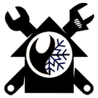 Logo of an HVAC company. Features a house outline, wrench, and a stylized symbol of the sun/snowflake.