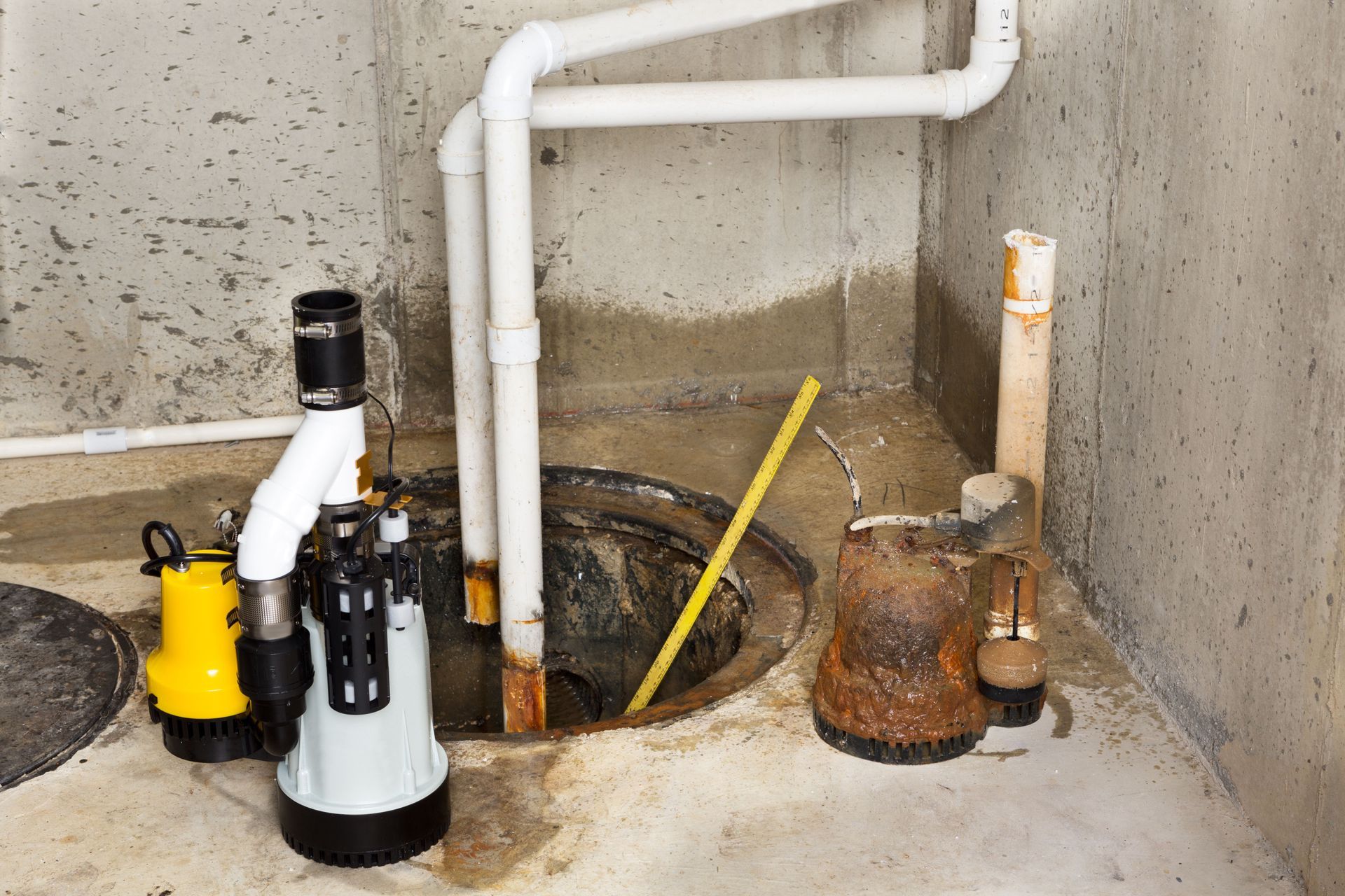Sump pump system in a basement with water pipes and concrete walls.