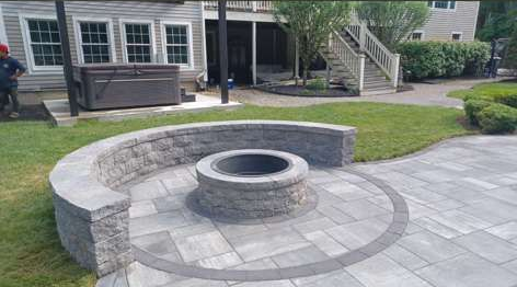 Backyard patio with fire pit and seating, surrounded by grass and landscaping.