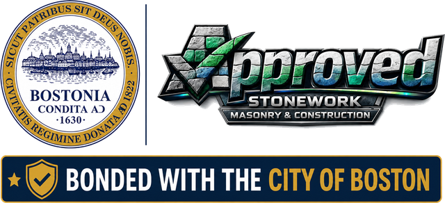 Bostonia seal, Approved Stonework Masonry & Construction logo, and banner reading “Bonded with the City of Boston”