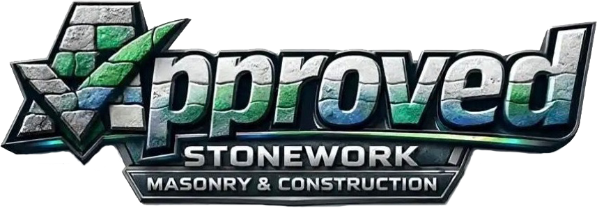 Logo for "Approved Stonework," with a checkmark in a stone design.