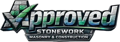 Logo for "Approved Stonework," with a checkmark in a stone design.