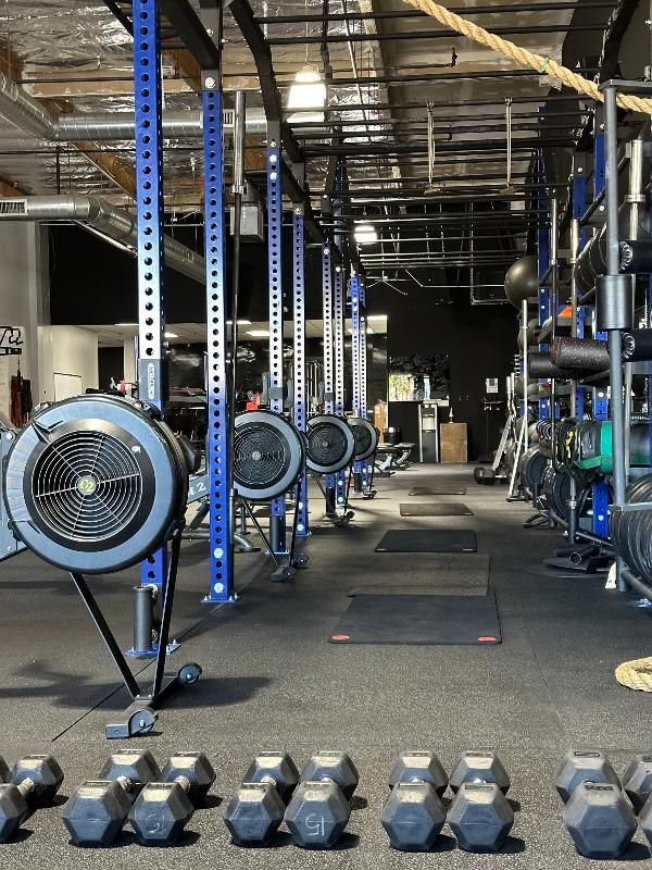 A gym with a lot of equipment and dumbbells on the floor.