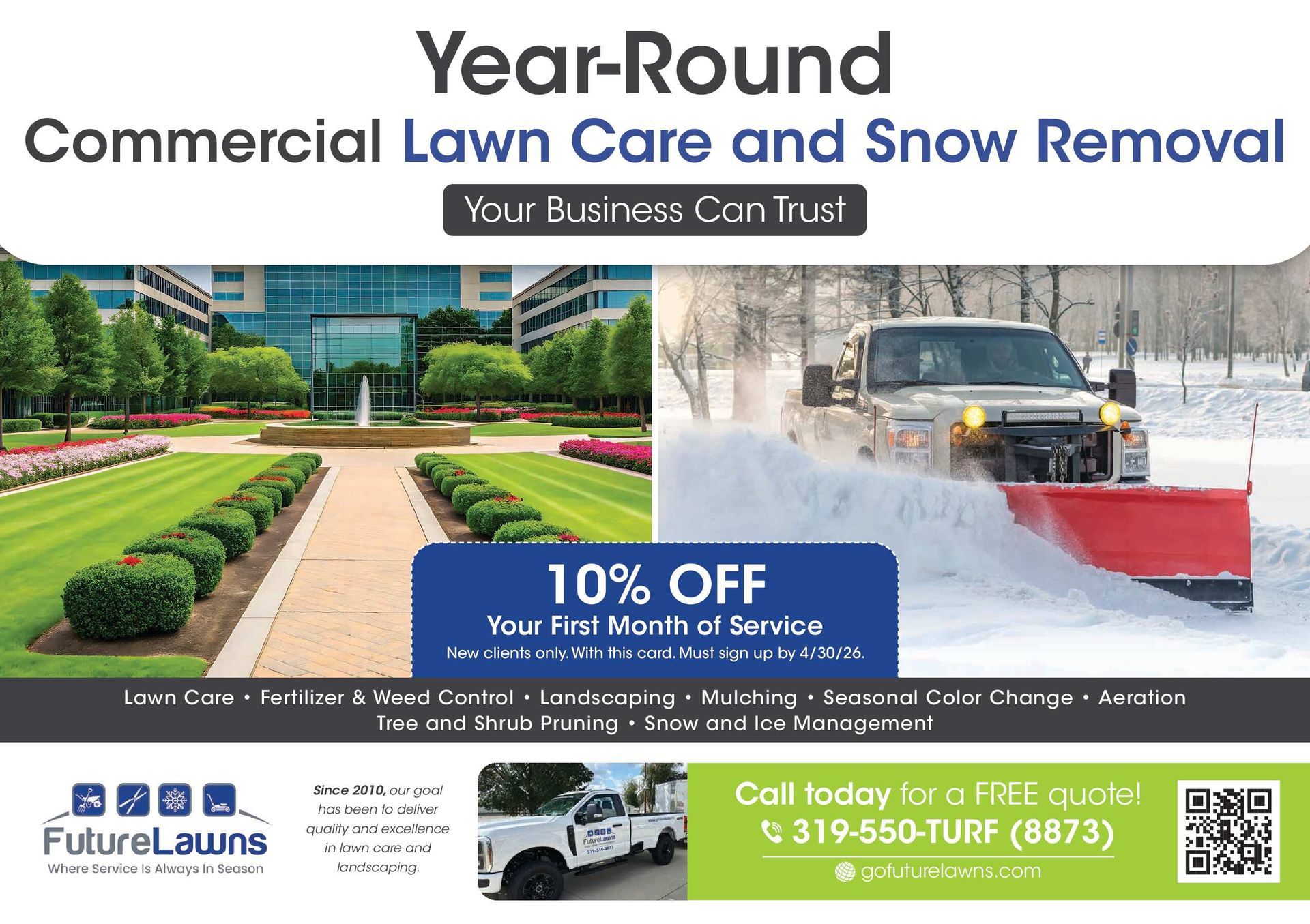 Advertisement for commercial lawn care and snow removal. Features a building and a snow plow. Includes a 10% off promotion.