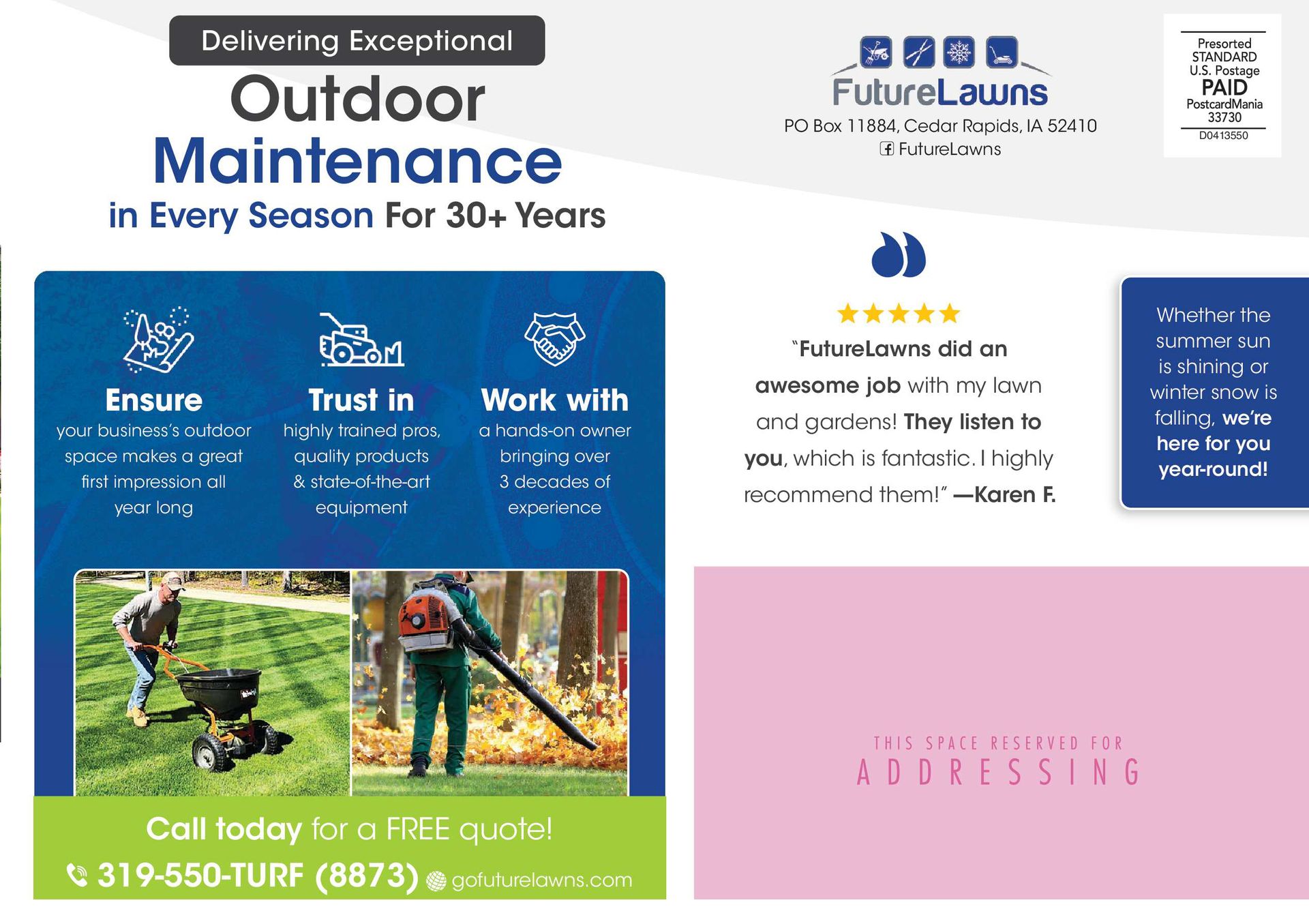 Outdoor maintenance advertisement. Green, blue, pink, with contact info, icons, and testimonials.