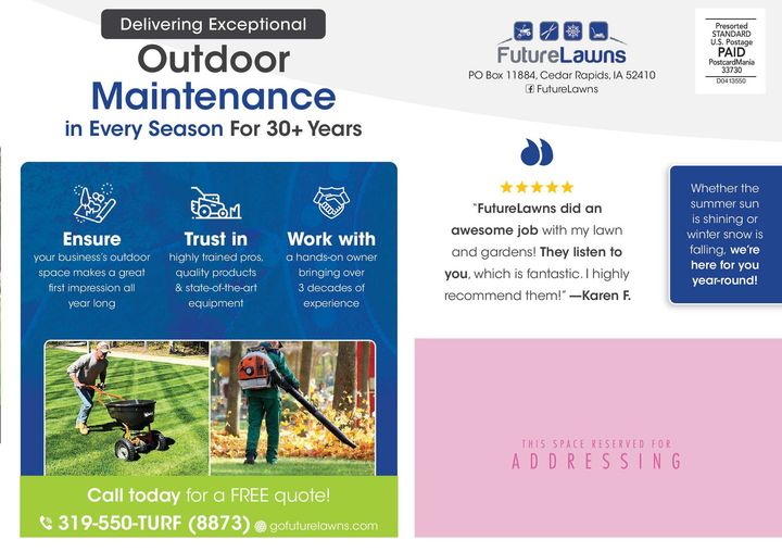 Outdoor maintenance advertisement. Green, blue, pink, with contact info, icons, and testimonials.