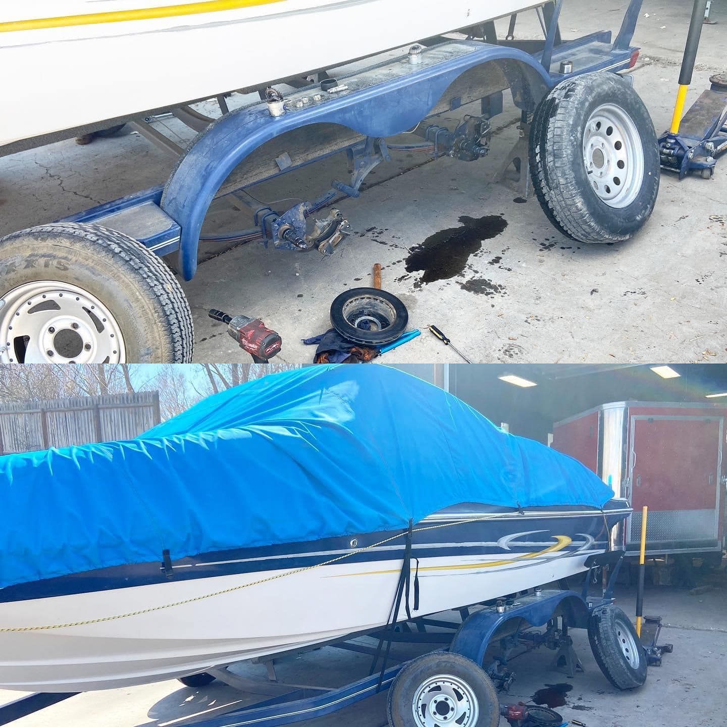 A boat is sitting on a trailer with a blue cover on it.