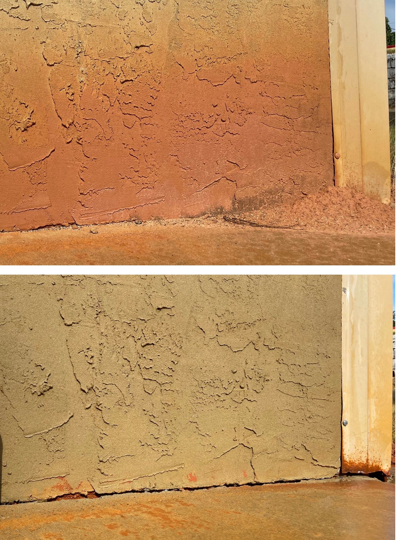 Two side-by-side wall corners showing cracked, stained stucco with peeling paint and baseboard damage