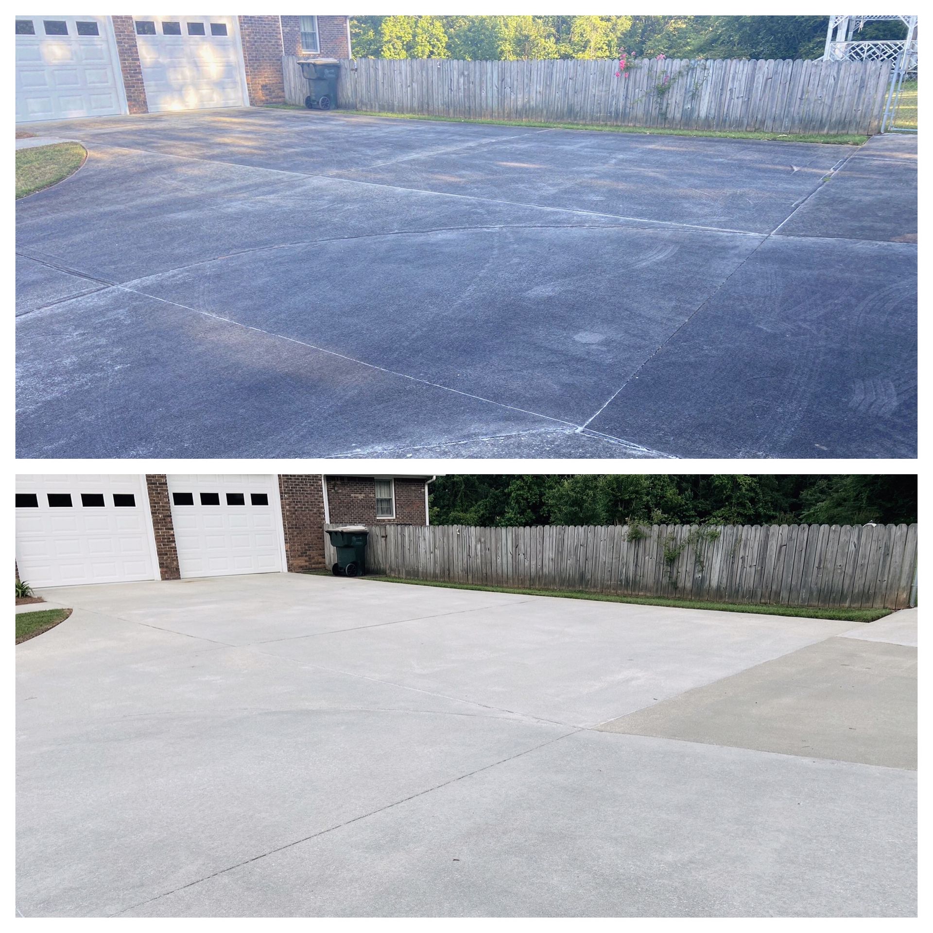 Before-and-after view of a resurfaced driveway, showing dark cracked pavement above and smooth light concrete below