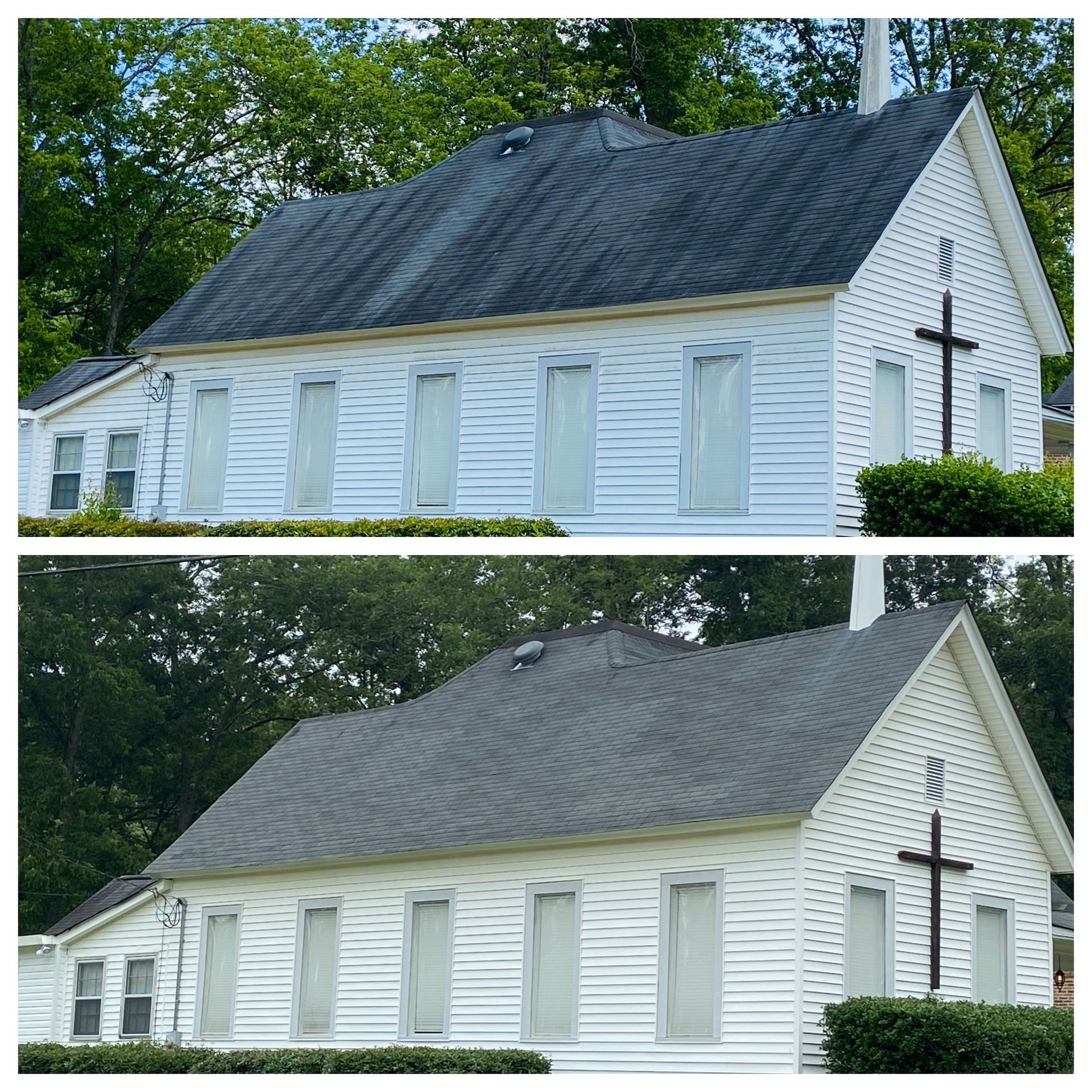 Small white church with a gray roof, shown in two nearly identical side-by-side views.