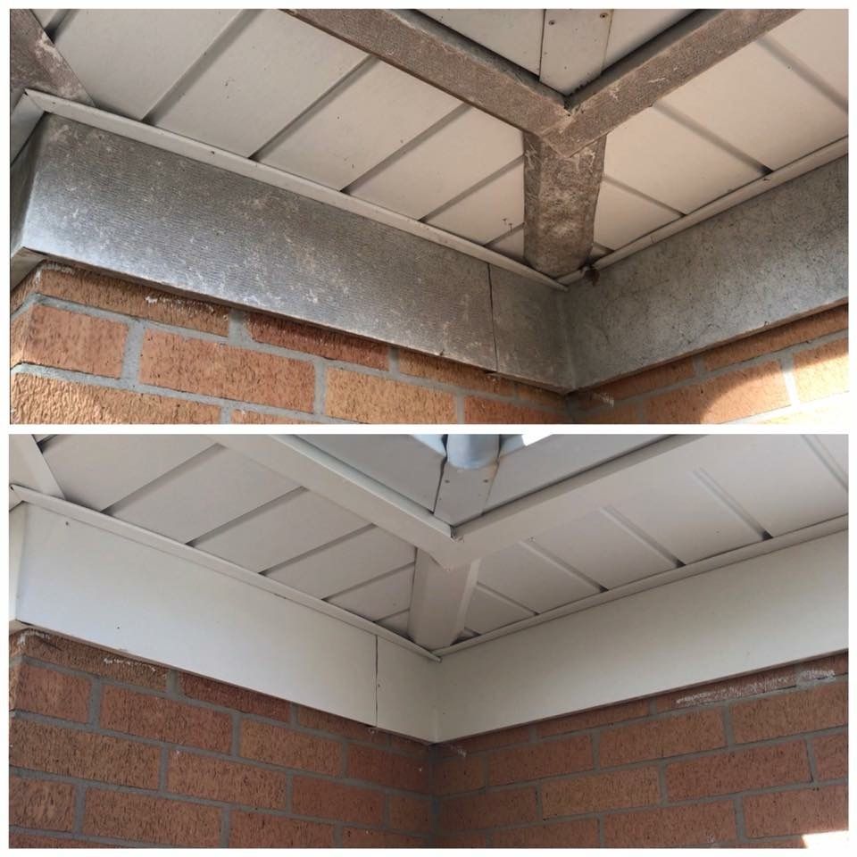 Before and after view of a porch ceiling and corner trim repair, with exposed beams replaced by white panels.