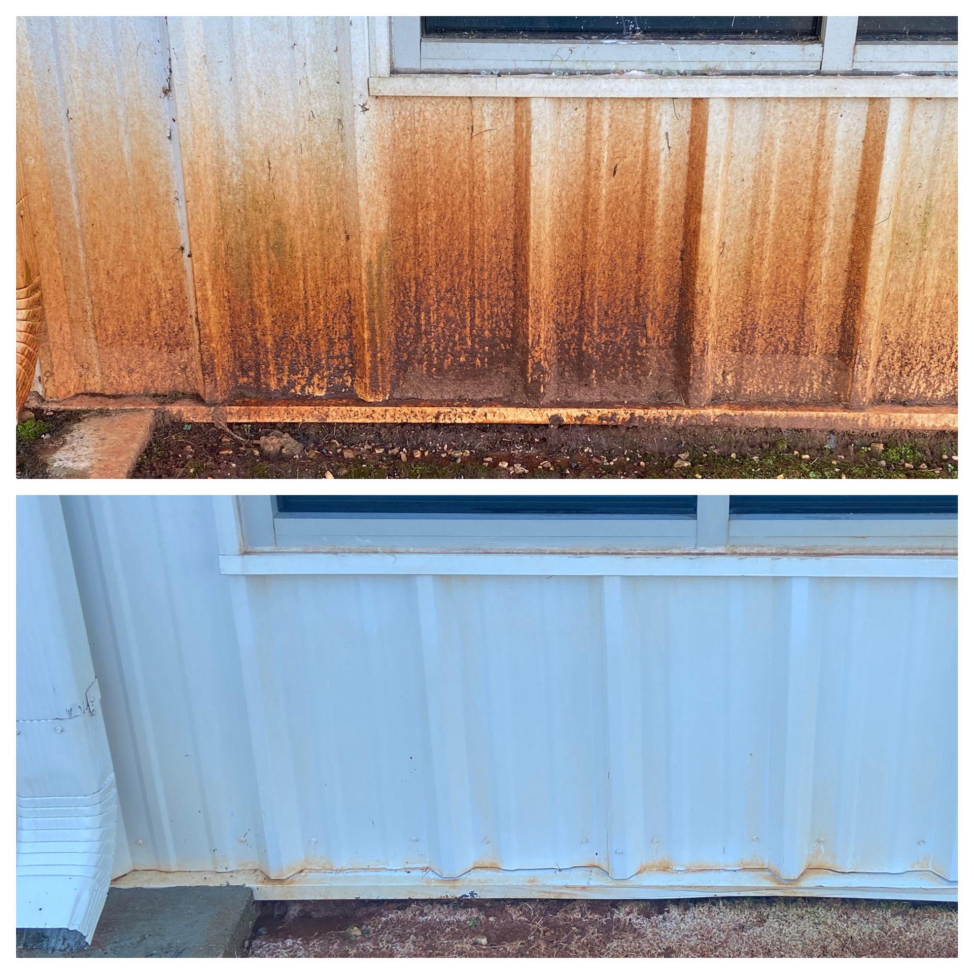 Before-and-after view of a white house wall with heavy rust stains removed from the lower siding