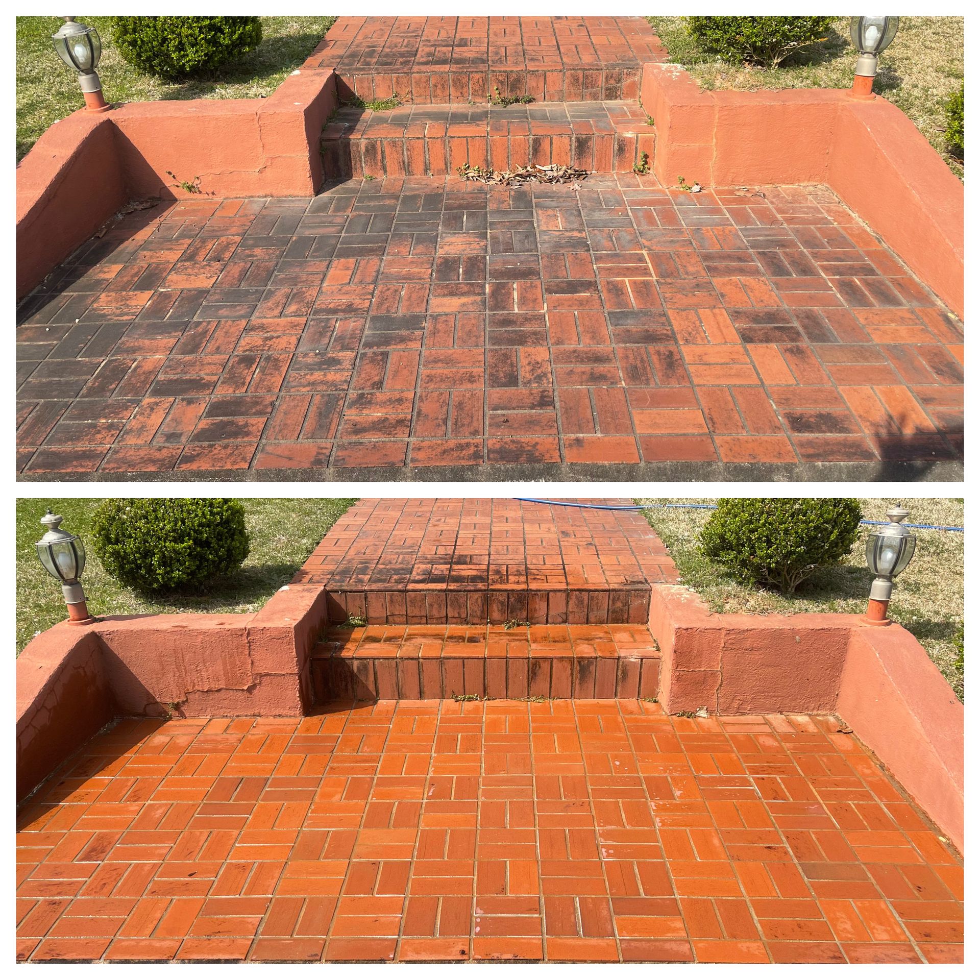 Before-and-after view of a brick patio, with dark weathered bricks above and cleaner orange bricks below.