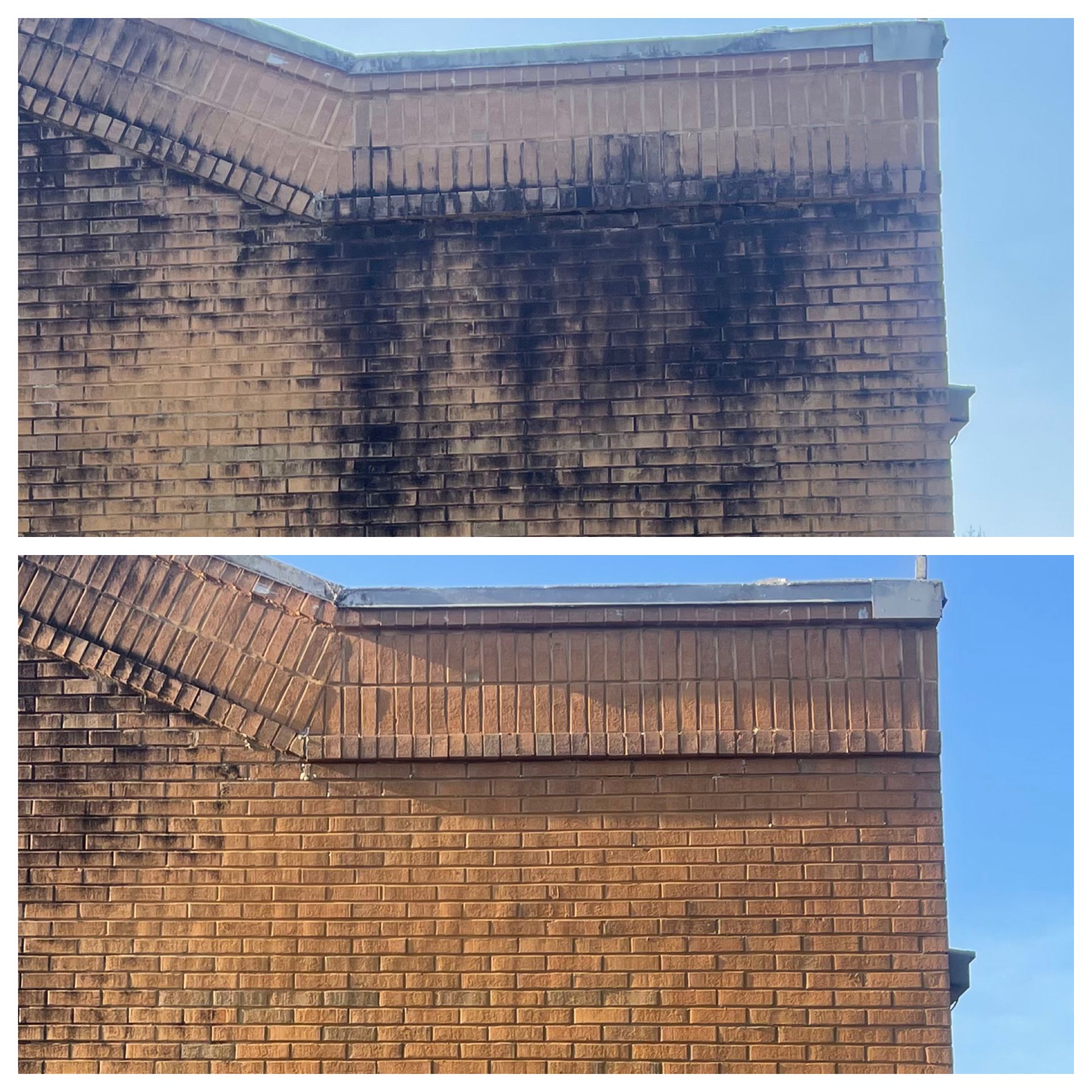 Before-and-after view of a brick wall with black smoke stains, showing cleaned lower sections and dark upper damage.