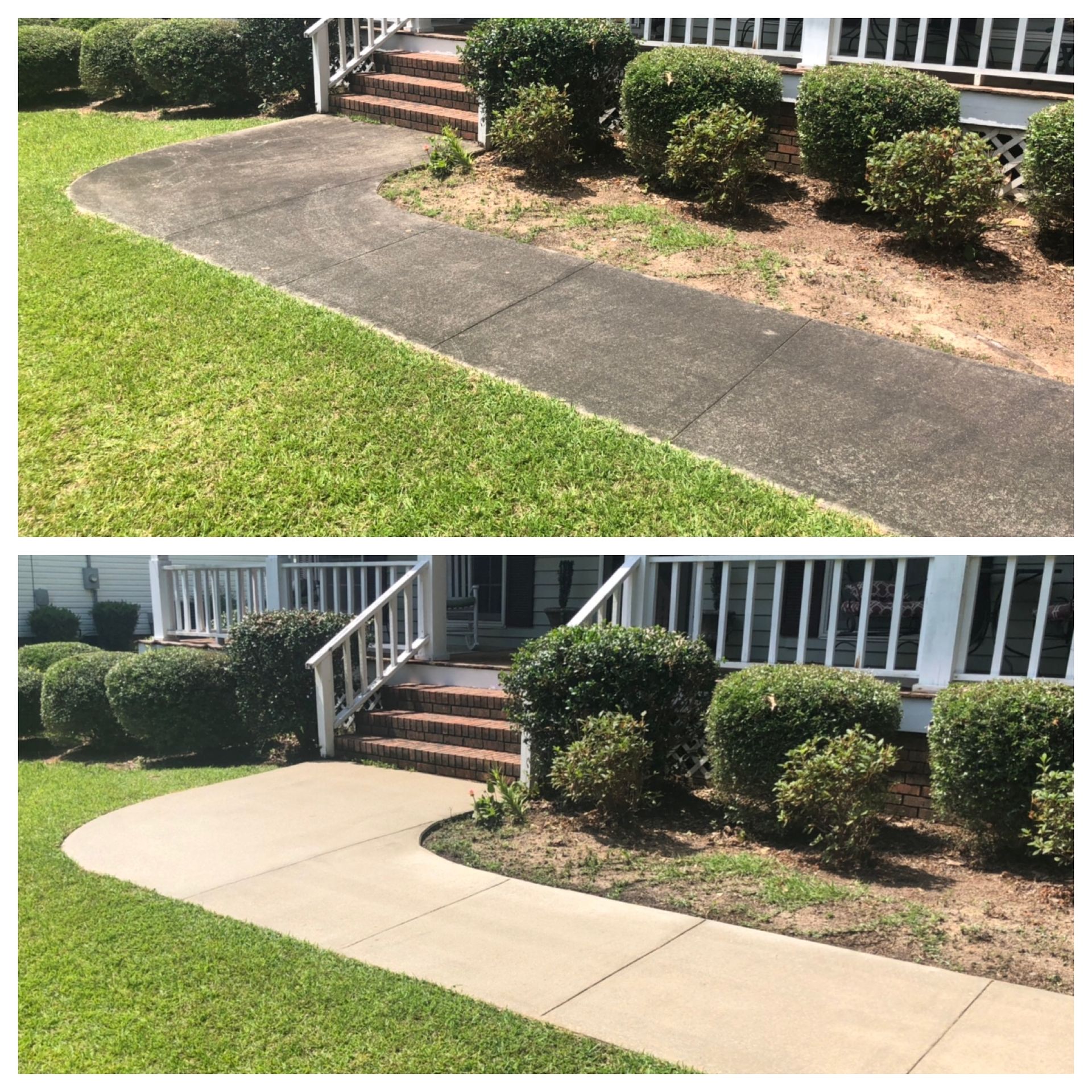 Before-and-after view of a cracked walkway repaired with smooth concrete beside a house and shrubs.