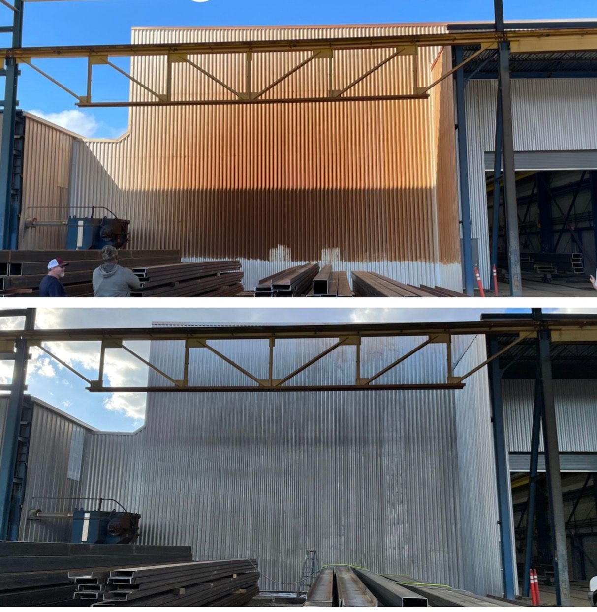 Before-and-after view of a metal warehouse wall being repainted from rusty orange to gray-blue.