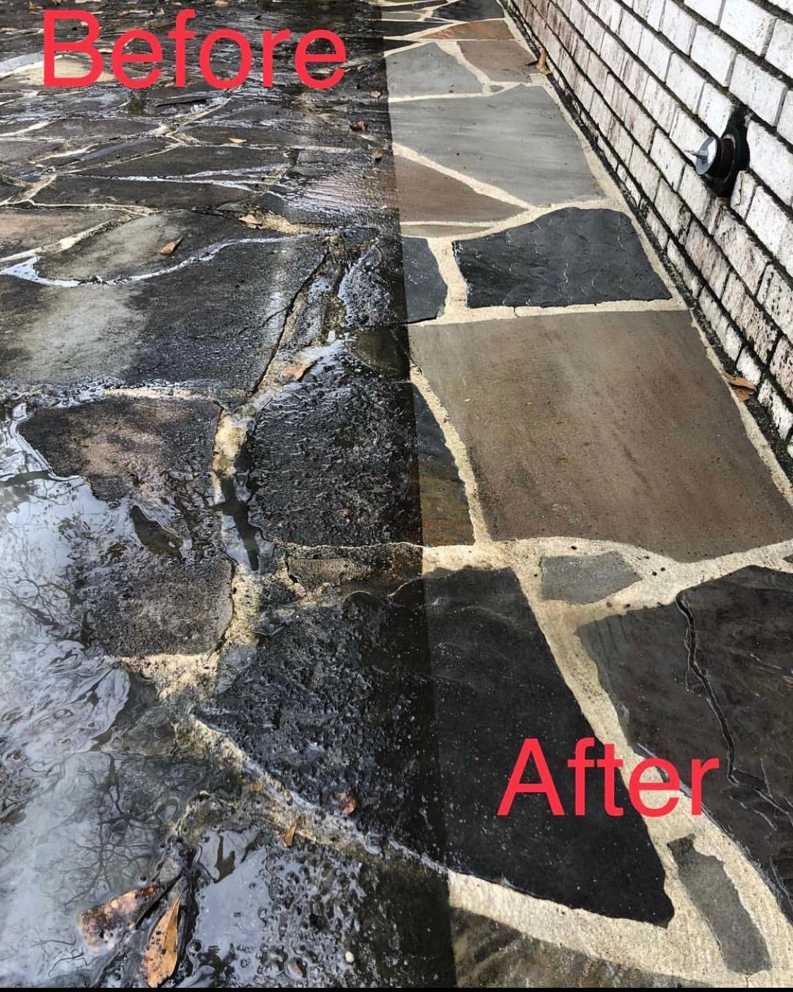 Before-and-after of a repaired stone walkway beside a brick wall.