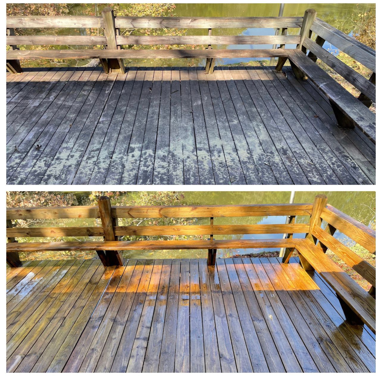 Wooden deck with railings, shown in two views: weathered gray above and sunlit yellow below.