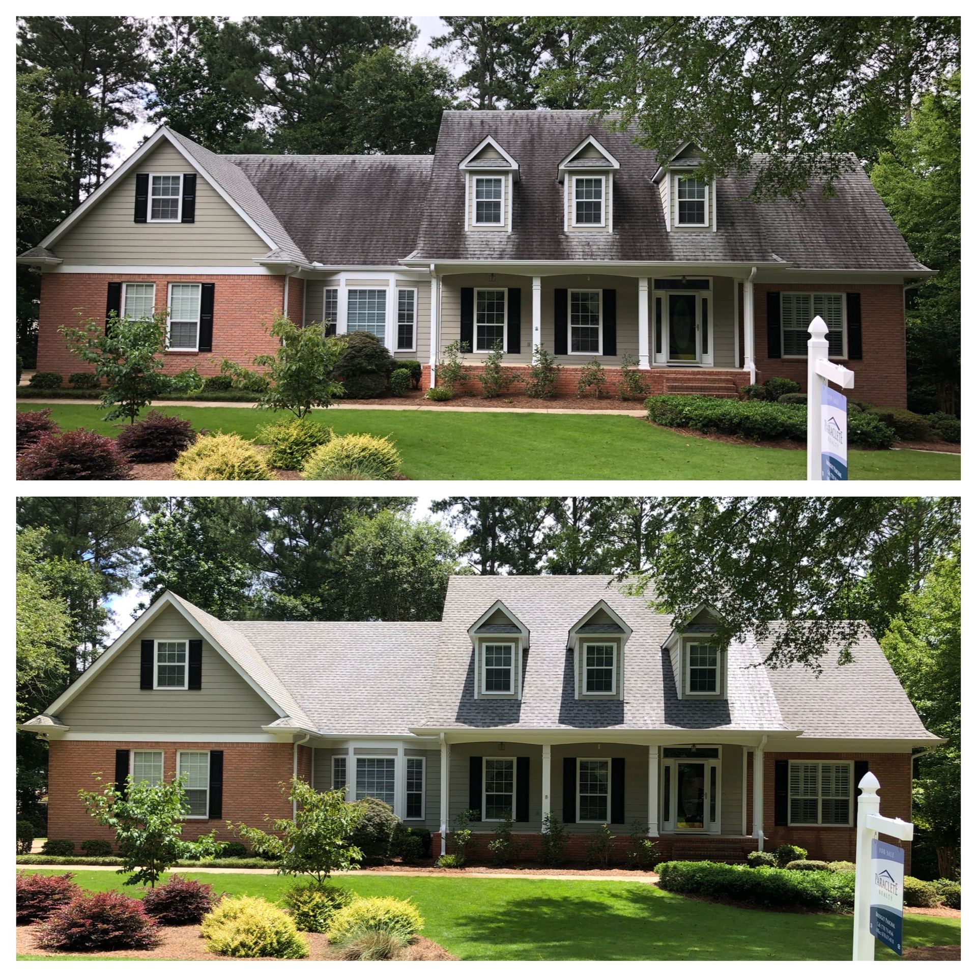 Side-by-side photos of a suburban brick-and-siding house with a front porch and landscaped yard