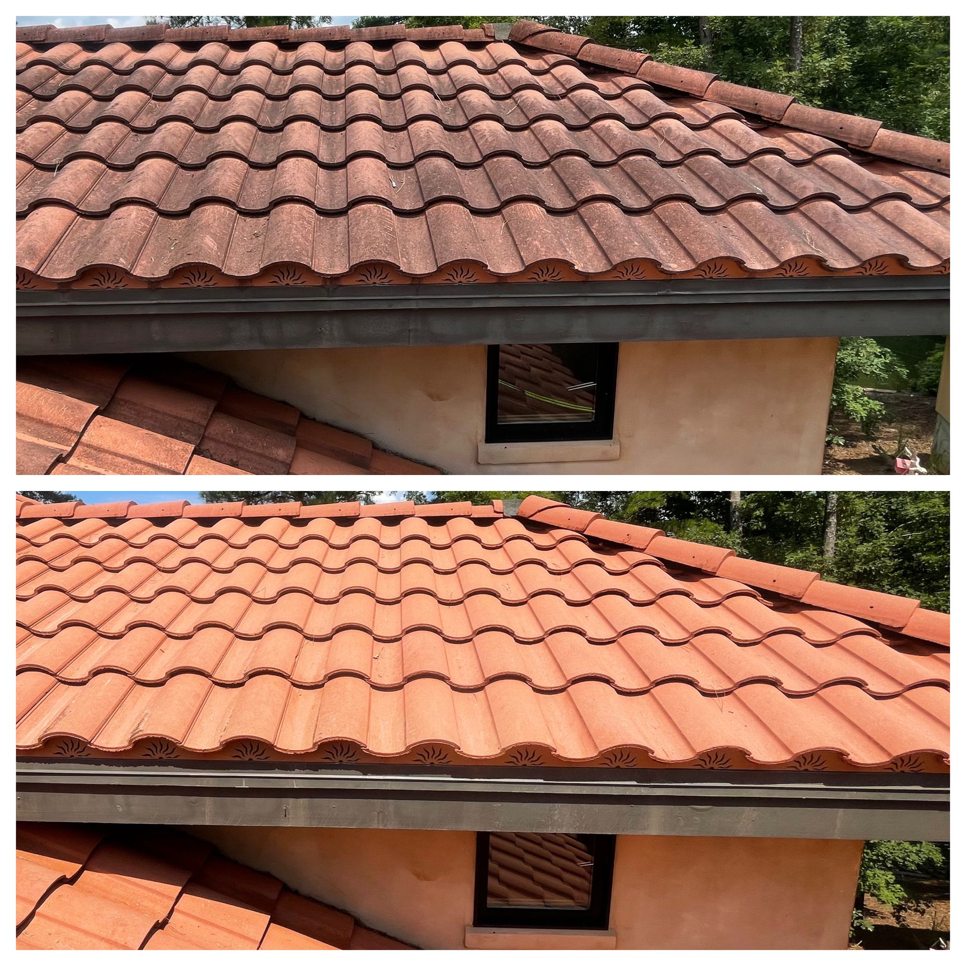Two views of a red clay tile roof over a stucco wall with a small window.