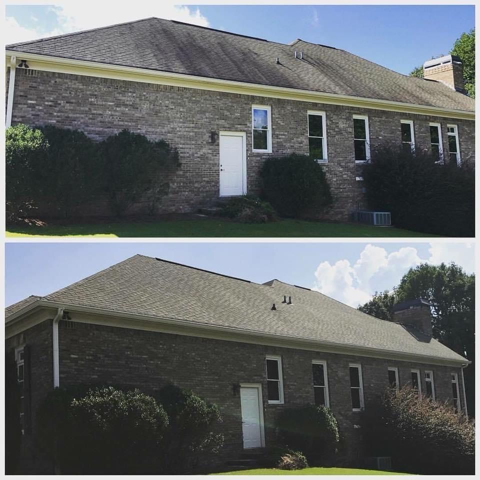 Two views of a stone house with a gray shingled roof, white door, and narrow windows in a sunny yard