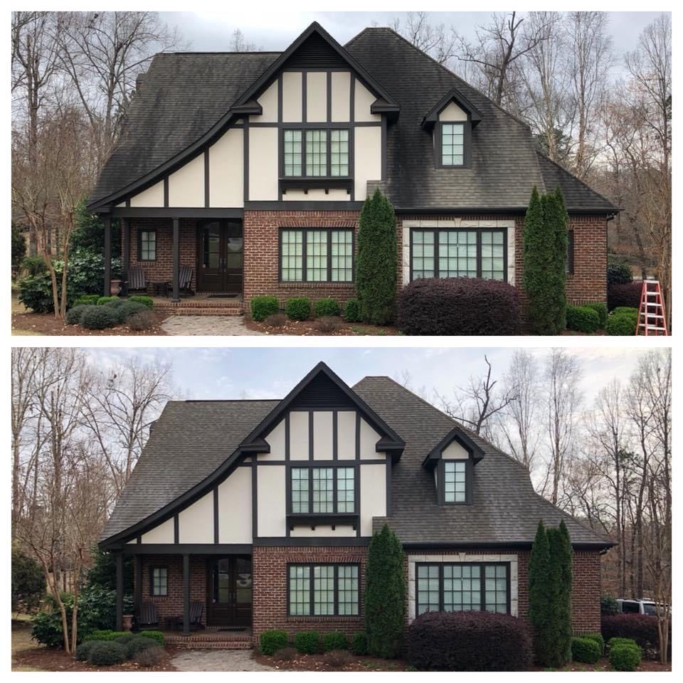 Side-by-side photos of a Tudor-style house with brick, cream siding, dark roof, and leafless trees behind it