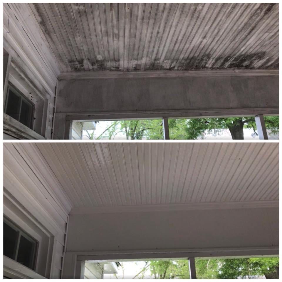 Ceiling before and after repair: stained, damaged panels replaced with clean white boards.