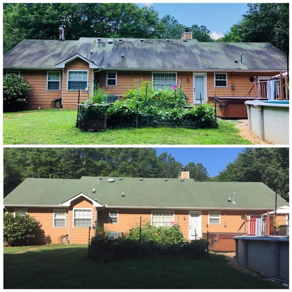 Before-and-after view of a house roof: worn, dark shingles above and newly replaced green shingles below.