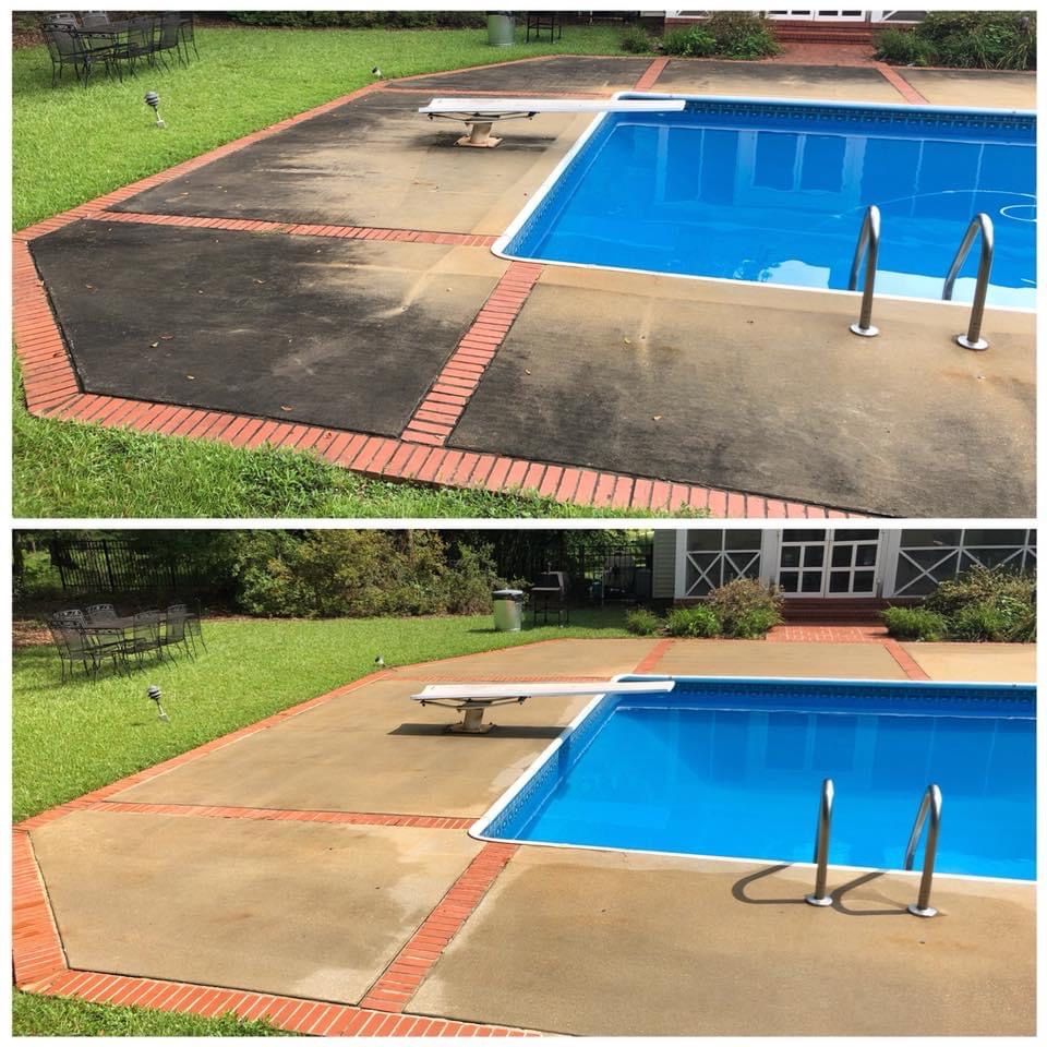 Pool deck before-and-after: worn concrete replaced with a smooth tan surface around a blue swimming pool.